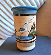 Tonola Pottery Vase Vintage Mexican Folk Art Bird and Flower Hand Painted