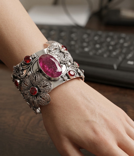 Pink onyx red garnet - onyx, cuff