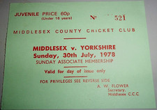 Middlesex County Cricket Club Matchday Ticket 30/07/78 vs Yorkshire CCC at Lords