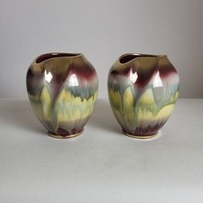 Vintage West Germany Drip Glaze Pair Of Ceramic Small Curved Neck Vases 547/10