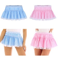 Unisex Women Men Sissy Crossdressing Ruffle Fancy Dress Gingham Micro Mini Skirt
