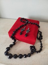Vintage Graduated & faceted French Jet Glass Beaded Necklace And Earrings 