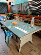 Poly Rattan Garden Table 8 Person Outdoor XL Shelf & Frosted Glass Top Cream NEW