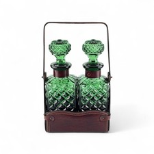 Vintage Italian Green Glass Decanter Set with Leather Caddy
