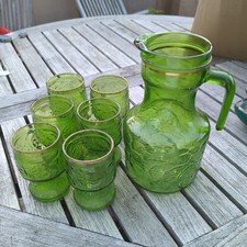 FIDENZA Vetraria / Bormioli Italian 1970’s Green Glass Jug & 6 Cup Set VINTAGE