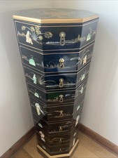 Chinese Oriental Lacquered Cabinet 8 Drawers Mother of Pearl inlaid Hexagonal 