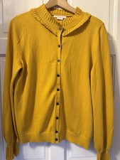 Boden Women’s Mustard Ruffle Frill Neck Cotton / Wool Fine Knit Cardigan Size 12