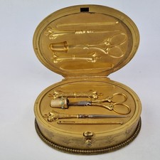 Antique 19thC French Necessaire Box Painted Porcelain & Gilt Metal Accoutrements