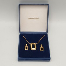 Elizabeth Duke Gold Tone Pendant Necklace and Earrings Set Rectangle Design