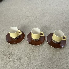 3 VINTAGE CARLTON WARE YELLOW & BROWN TEA CUPS AND SAUCERS c 1970's