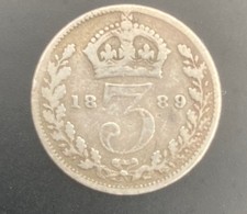 1889 silver threepenny 3d bit, Queen Victoria. 92.5% silver.