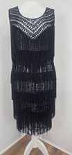 M&S Women's Black Crochet Fringed Dress Charleston Flapper Gatsby Fits M 10/12