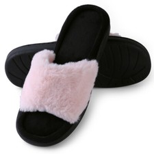 Aerusi Women Faux Fur Memroy Foam Slide Open Toe Slippers House Shoes Flip Flops
