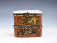 Vintage Double Jewelry Box Birds Fish Overlay Nephrite Jade Lid Curly Dragon #D