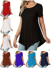WOMEN’S CREW NECK SHORT SLEEVE LONG TUNIC TOP  ASYMMETRIC HEM T-SHIRT