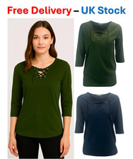 Ladies Womens Tunic Top T-Shirt Lace Up Blouse Casual Mid Sleeve Plain UK NEW
