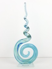 Large Murano Style Glass Art Sculpture Abstract Swirl Ribbon Blue & Gold