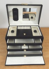 Black Leather Jewellery Box with Mirror - Organizer Travel Case - (No Key)