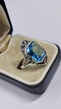 Vintage Sterling Silver ring Art Deco Marcasite Aquamarine Blue Stone Size P1/2 
