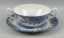 Myott The Brook Staffordshire Blue & White Double Handled Soup Bowl and Saucer