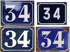Large old blue French house number 34 door gate plate plaque steel enamel sign