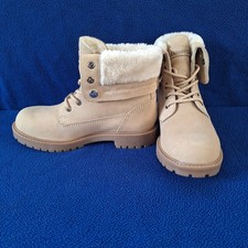 Landrover Womens Winter Cream Faux Fur Trim Ankle Boots Beige