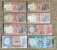 Various old indian banknotes 10, 20, 50, 100 Rupees