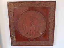 Vintage Hand Carved Relief Wooden Peacock Wall Plaque Floral Bird Art