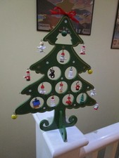 vvintage small wooden christmas tree with hand painted baubles figures