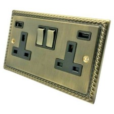 Georgian Rope Edge Antique Brass Plug Sockets Light Switches Dimmers Full Range