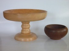Artisan Wood Turned Bowls Pedestal Comport & Round Trinket Bowl - Rustic Boho