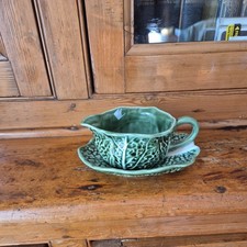 Vintage Majolica Portuguese Pottery   Cabbage Leaf Sauce jug 12cm x 8cm dish 17c