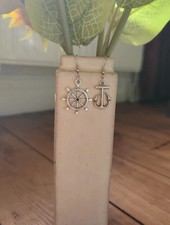 Antique Silver pirates boating earrings ship wheel & anchor