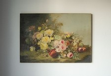 EDWARDIAN FLORAL OIL ON CANVAS PAINTING OF ROSES BY MIMA GREASLEY 1910 ANTIQUE