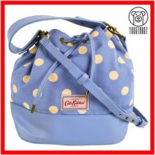 Cath Kidston Bucket Bag Shoulder Drawstring Canvas Leather Polka Dot Blue CP4