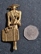 Vintage 80s Large Gold Tone French Lady with Poodle and Suitacse Brooch Pin