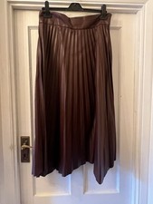 New ZARA Faux Leather Burgundy Midi A-Line Pleated Asymmetric Hem Skirt, Large