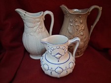 3 Relief Moulded Jugs Hazel Cob Nut & Corn Blue Jewel & Fruit Antique Victorian