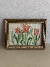 Vintage Framed Small Needlepoint Pink Tulips Floral Picture Cottagecore