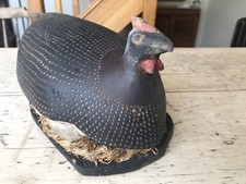 Vintage Folk Art Guinea Fowl Sat On Eggs. A Naive Piece Of Driftwood 