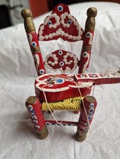 Vtg Handpainted Wood Mexican Folk Art Miniature Rush seat Chair & Guitar Dolls?