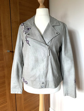TU Faux Leather Biker Jacket Grey Embroidered Fully Lined UK 16