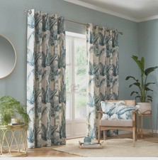 Pair of Fusion Cadiz Cream Teal Palm Leaves Tropical Leaf Curtains 228cm x 228cm