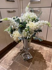 Assorted Faux Flowers White Green Cream Artificial Flowers Metal Vase 31" Tall