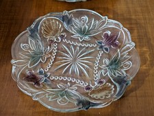 Glass Plate with Raised Embossed Pastel Flowers Reverse, 4 Vintage Clear 6"  