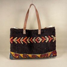 Vintage Carpet Bag Large Weekend Shoulder Tote Leather Trims Kilim Bespoke Made