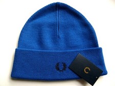 Genuine FRED PERRY Mid Blue 100% Wool Cuff Logo BEANIE HAT Toque UNISEX New Tags