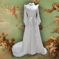Vintage 1970s Medieval Revival Lace Wedding Dress W/ Chapel Train Fits 8
