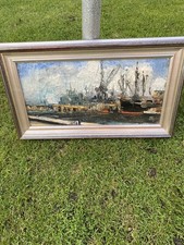 Vintage Original Framed old Oil Painting leith docks Scotland ship nautical boat
