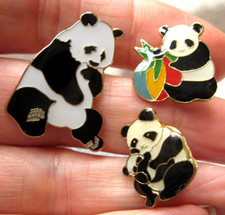 GIANT PANDA collection x3 old metal enamel acrylic PANDA pin brooch BADGES